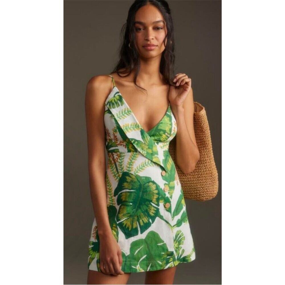 Farm Rio Tropical Forest Linen Mini Dress Green XS